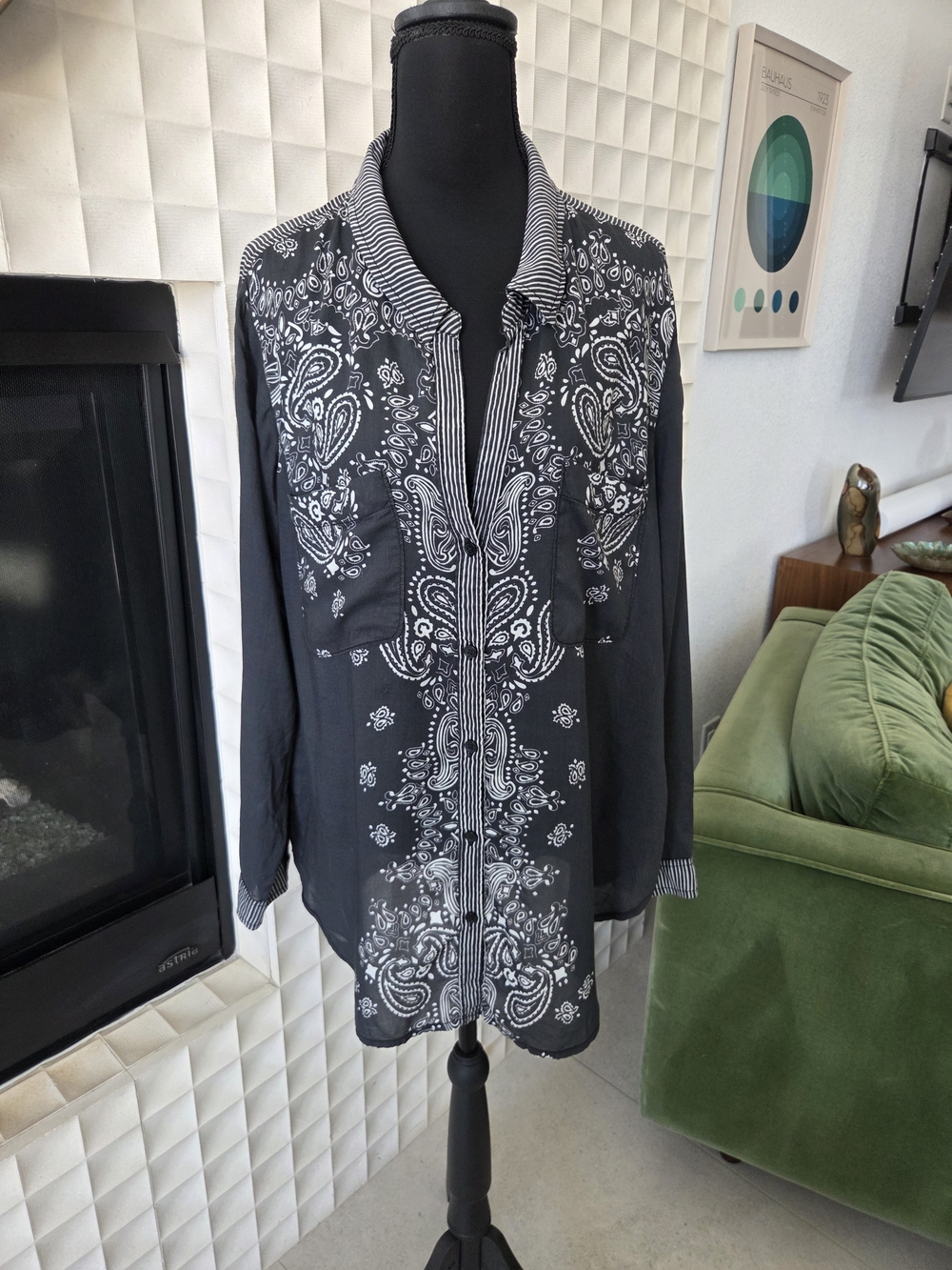 Pilcro Anthropologie Liquid Button-down Shirt Charcoal Black Handkerchief Print